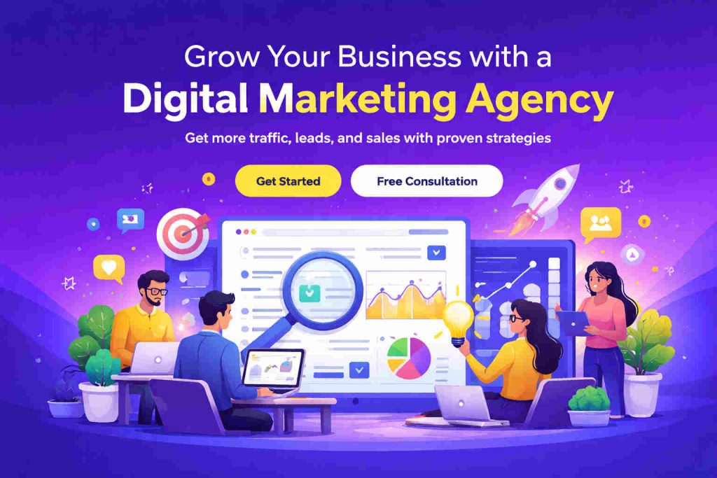 Digital marketing agency team working on SEO strategy, analytics dashboard, and online growth to increase traffic and leads